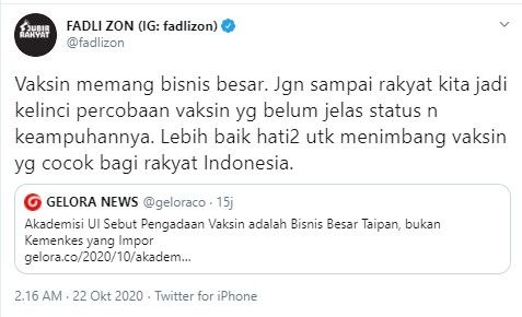 Fadli Zon minta rakyat tak dijadikan kelinci percobaan vaksin covid-19 (Twitter/fadlizon)