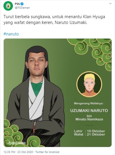 PSS Sleman ikut berduka atas kematian Naruto. (Twitter/@PSSleman).