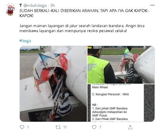 Layangan nyangkut di pesawat - (Twitter/@mbahJogja)