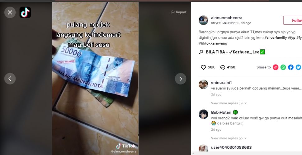 Ojol dibayar uang mainan. (TikTok/@ainnunmaheerra)