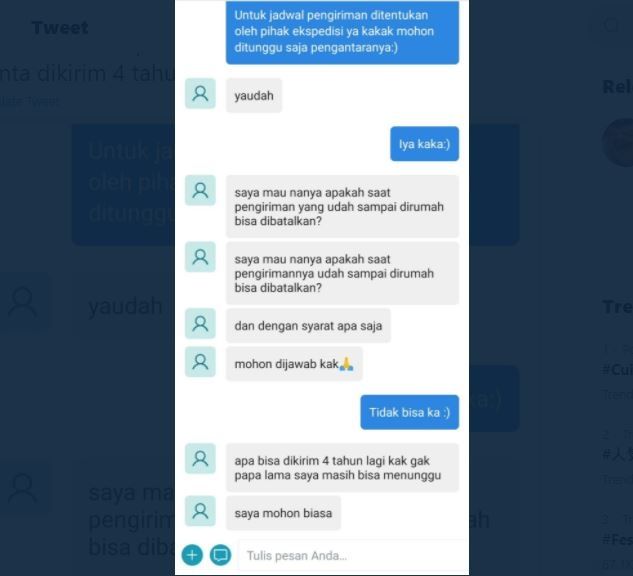 Viral Pembeli Minta Barang Dikirim 4 Tahun Lagi (twitter.com/txtdarionlshop)