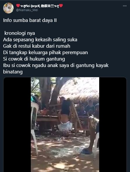 Viral Pemuda Dihukum Gantung Kepala di Bawah. (twitter.com/Namaku_Mei)