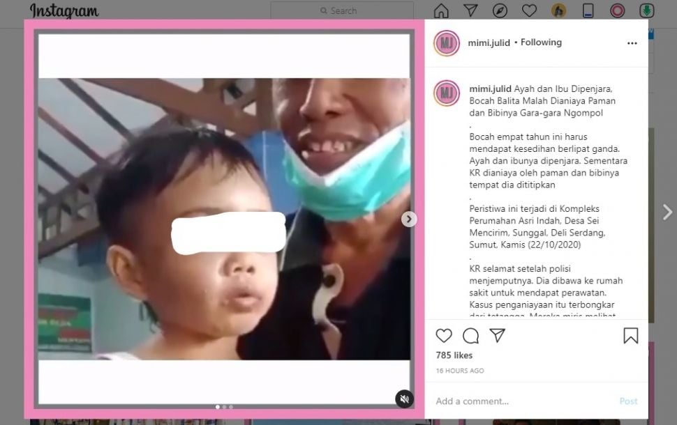 Bocah dianiaya paman karena sering ngompol (IG/mimi.julid)