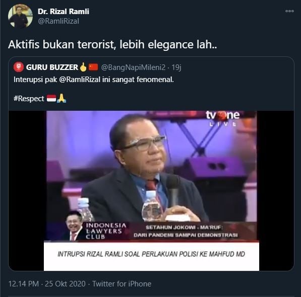 Kicauan Rizal Ramli mengenai penangkapan aktivis. (Twitter/@RamliRizal)