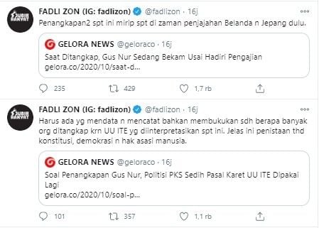 Komentar Fadli Zon soal penangkapan Gus Nur (Twitter/fadlizon)