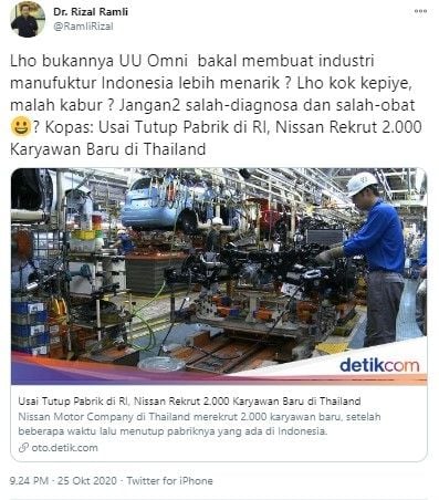 Komentar Rizal Ramli soal produsen mobil di RI kabur (Twitter/ramlirizal)