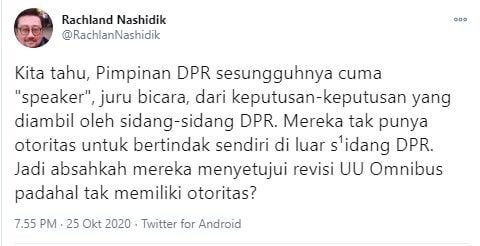 Rachland Nashidik pertanyakan keabsahan UU Cipta Kerja yang direvisi usai disahkan (Twitter)