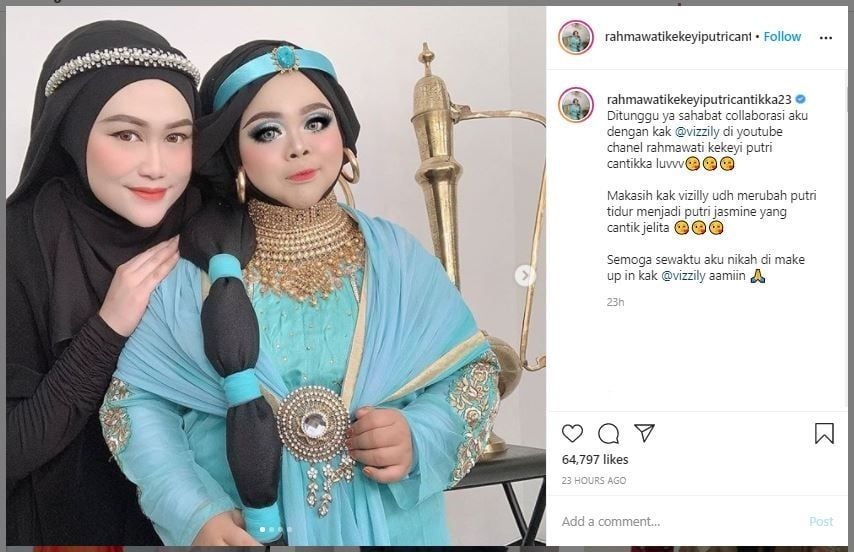 Kekeyi Dimakeup ala Putri Jasmine (instagram.com/rahmawatikekeyiputricantikka23)