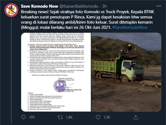 Aktivis Menyebut Ada Pelarangan Pengambilan dan Penyebarluasan Foto di Taman Nasional Komodo (Twitter/@kawanbaikkomodo).