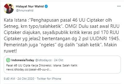 HNW kritik pasal 46 UU Ciptaker dihapus dengan alasan typo (Twitter/hnurwahid)