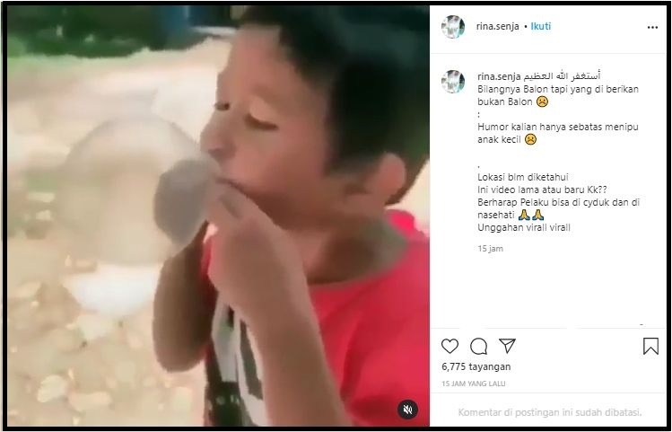 Tangkapan Layar Video Viral Bocah Ditipu Dikira Balon, Ternyata Tiup Kondom (Instagram/@rina.senja).