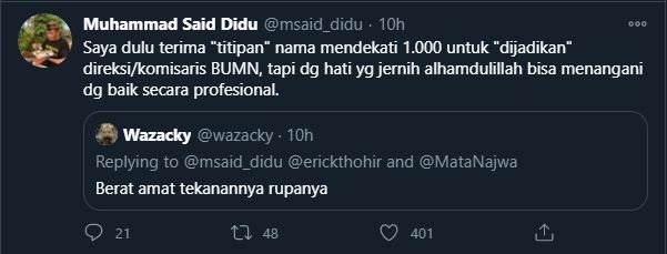 Cuitan Said Didu Klaim Pernah Dapat Titipan Nama Calon Komisaris dan Direksi BUMN (Twitter/@msaid_didu).