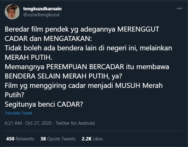 Tangkapan Layar Cuitan Tengku Zulkarnain Mengkritik Film My Flag, Sebut Memojokkan Wanita Bercadar (Twitter/@ustadztengkuzul).