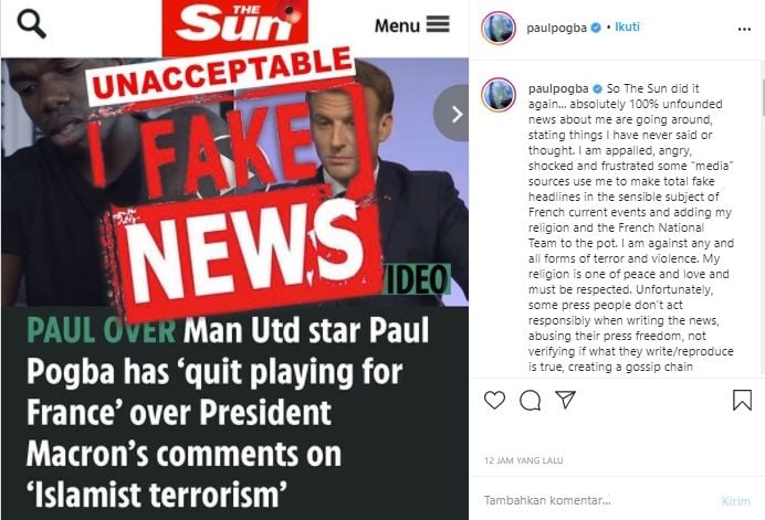 Paul Pogba bantah berita The Sun. (Instagram/@paulpogba).