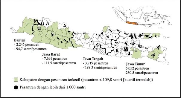 Sebaran pesantren di Jawa yang terkait struktur otoritas keagamaan. [Dok The Conversation/Alexandre Pelletier]