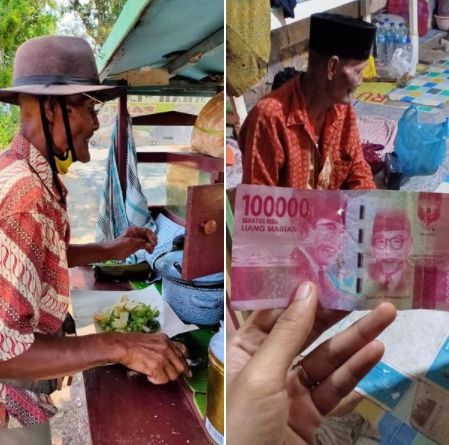 Viral Kakek Penjual Gado-gado Dibayar Pakai Uang Mainan (Facebook/Revi).