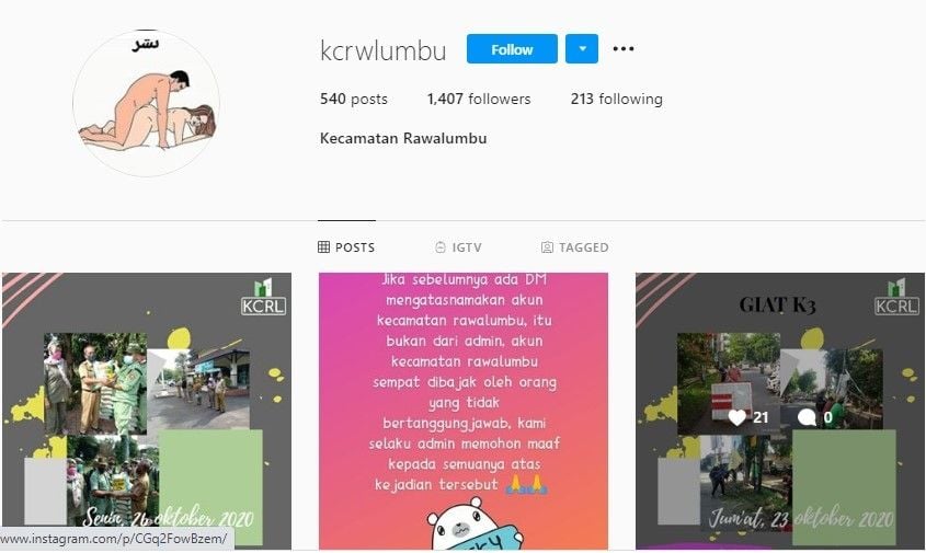 Instagram Kecamatan Rawalumbu Bekasi pasang foto orang lagi hubungan seks atau ML.