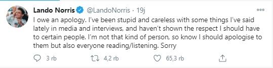 Lando Norris meminta maaf atas sejumlah komentarnya itu lewat Twitter. (Screenshot Twitter @LandoNorris) 