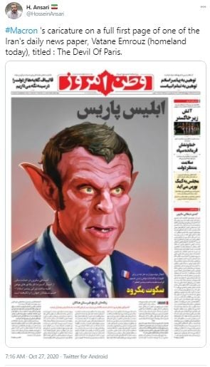 Koran Iran Bikin Karikatur Presiden Macron Bak Iblis. (Twitter/HosseinAnsari)