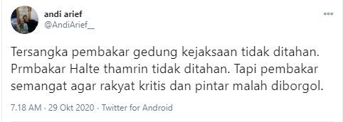 Andi Arief sindir aparat belum tangkap pelaku pembakar halte sarinah (Twitter/andiarief_)