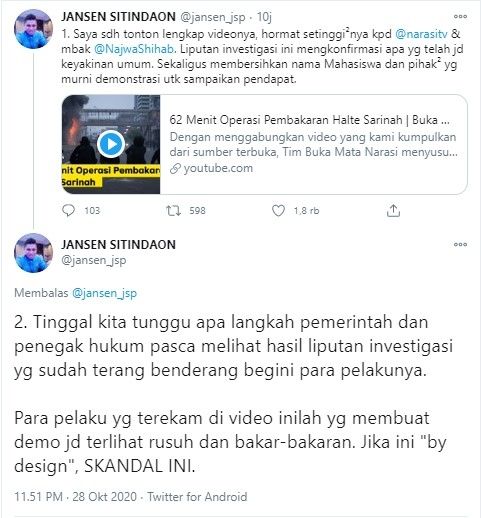 Komentar Jansen Sitindaon soal pembakar Halte Sarinah terungkap (Twitter/jansen_jsp)