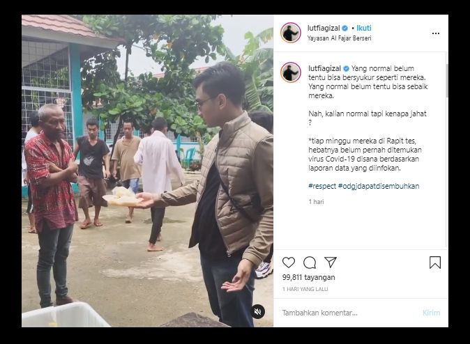 Duh! Lutfi Agizal Kena Hujat Lagi Usai Bagi-bagi Makanan untuk ODGJ. (Instagram/@lutfiagizal)