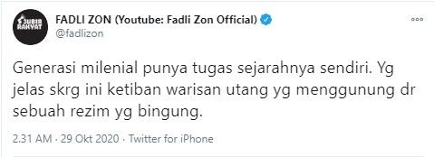 Fadli Zon sebut generasi milenial ketiban warisan utang menggunung (Twitter/fadlizon)