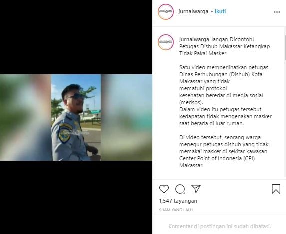 Tangkapan Layar Viral Warga Menegur Oknum Dishub Makassar yang Tak Pakai Masker saat Bertugas (Instagram/Jurnalwarga).