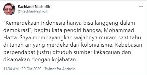 Rachland membayangkan wajah Bung Hatta muram lihat kondisi negeri sekarang (Twitter/rachlannashidik)