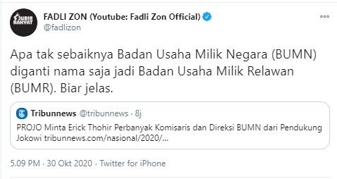 Fadli Zon usul BUMN ganti nama jadi BUM Relawan (Twitter/fadlizoon)