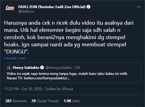Fadli Zon Sentil Henry Subiakto yang Unggah Video Narasi TV Tanpa Logo (Twitter/@FadliZon).