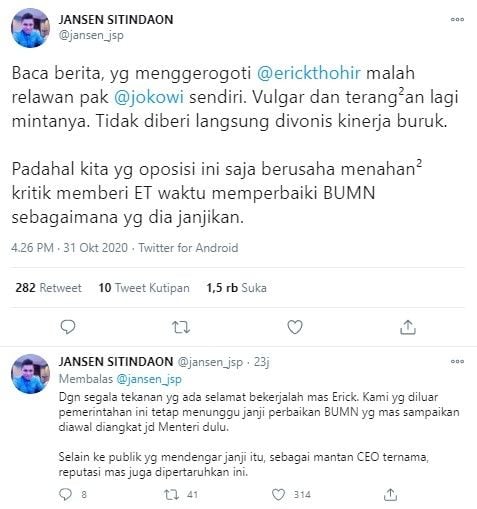 Jansen Sitindaon sebut Erick Thohir digerogori relawan Jokowi (Twitter/jansen_jsp)