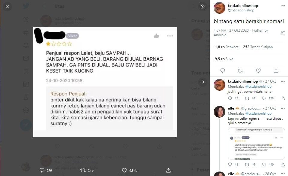 Penjual olshop ancam somasi pelanggan (Twitter/txtdarionlshop)