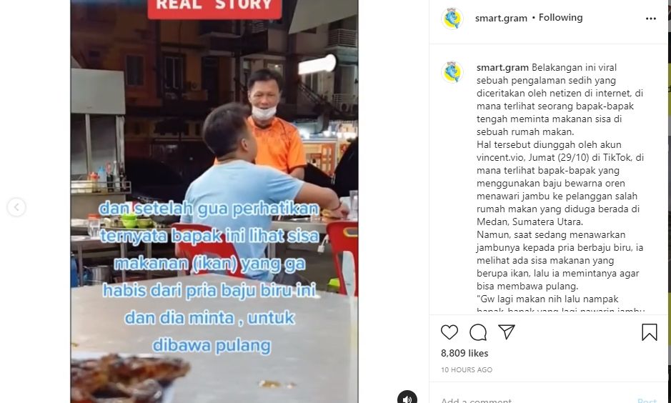 Video pria penjual jambu minta sisa ikan pengunjung restoran. - (Instagram/@smart.gram)