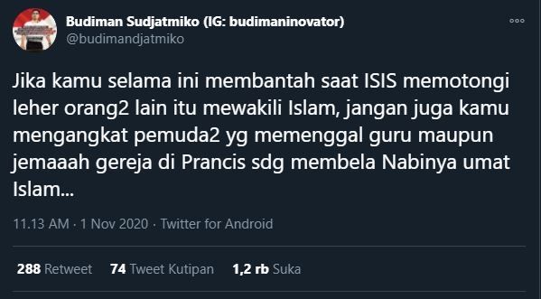 Budiman Sudjatmiko soal pemenggalan guru di Prancis. (Twitter/@budimandjatmiko)