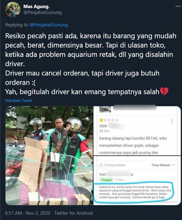 Viral ojol bawa aquarium bikin iba. (Twitter)