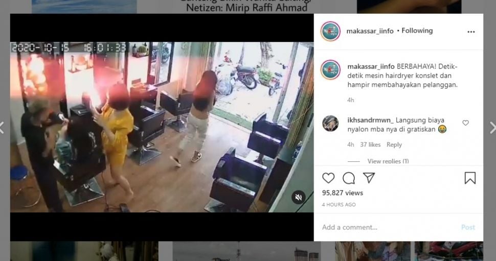 Hair dryer meledak saat digunakan pelanggan di salon (IG/makassar_iinfo)