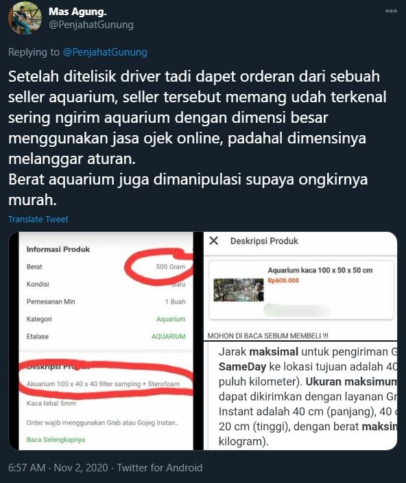 Viral ojol bawa aquarium bikin iba. (Twitter)