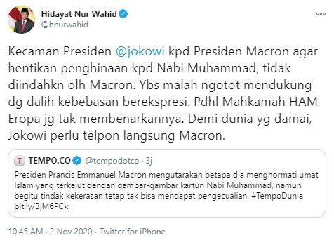 HNW minta Jokowi telepon langsung Presiden Msacron (Twitter/hnurwahid)