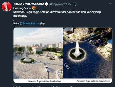 Penampakan gambar 3 dimensi rencana renovasi tugu jogja tanpa kabel melintang. [YogyakartaCity / Twitter]