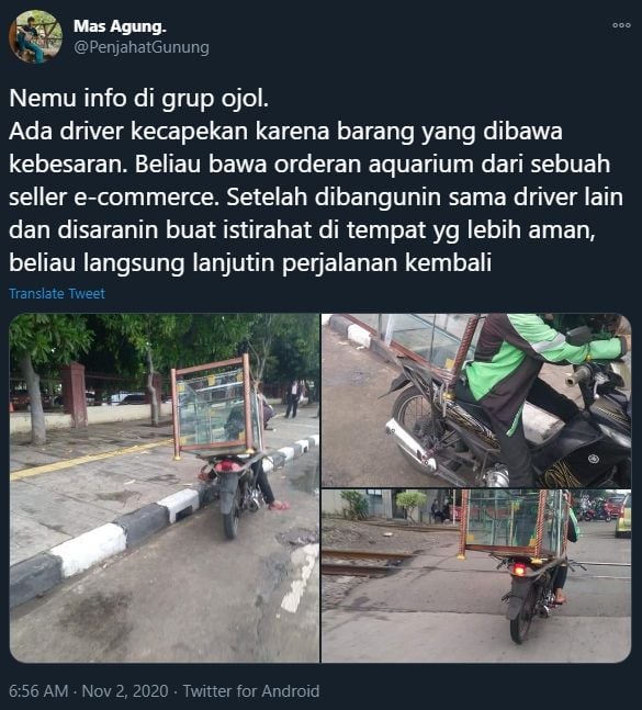 Viral ojol bawa aquarium bikin iba. (Twitter)