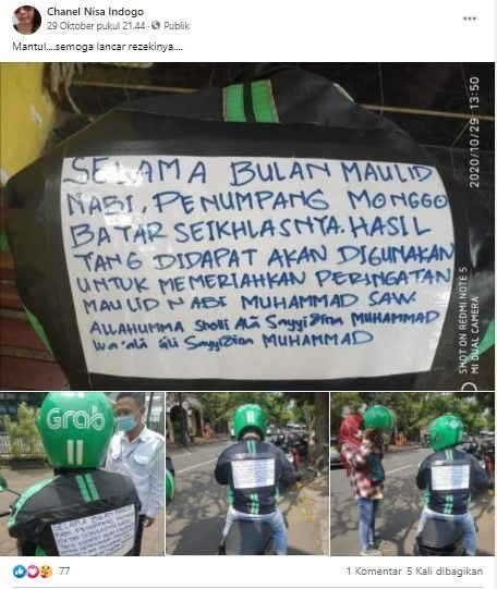 Driver ojol pasang tarif seikhlasnya selama maulid nabi (FB/chanelnisaindogo)