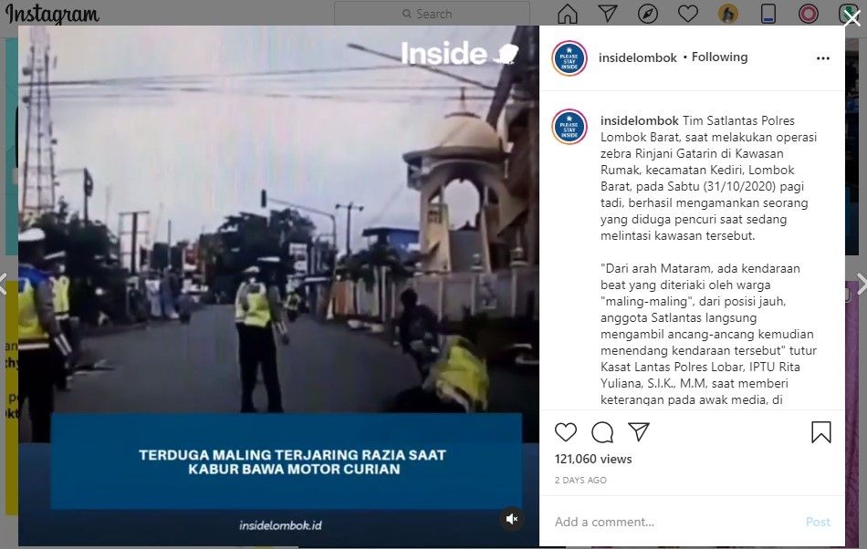 Polisi tendang motor curanmor yang kena razia zebra (IG/insidelombok)