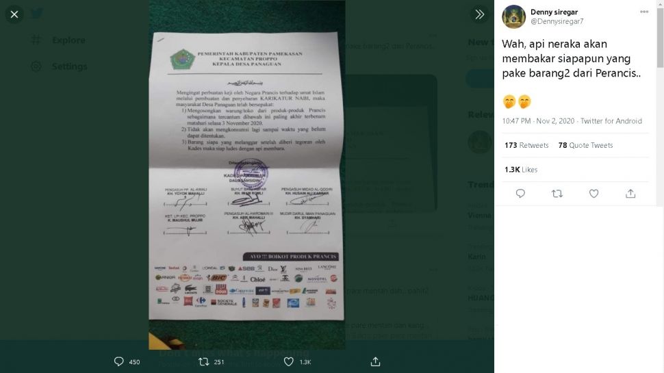 Viral desa di Madura boikot produk Prancis - (Twitter/@Dennysiregar7)