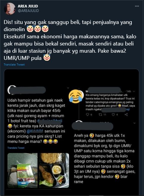 Viral Pria Kritik Harga Makanan di Kereta, Malah Kena Semprot Balik Warganet Lainnya (Twitter/@areajulid).