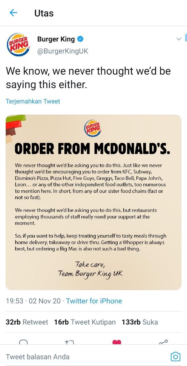 Himbauan dari Burger King (Twitter @BurgerKingUK)