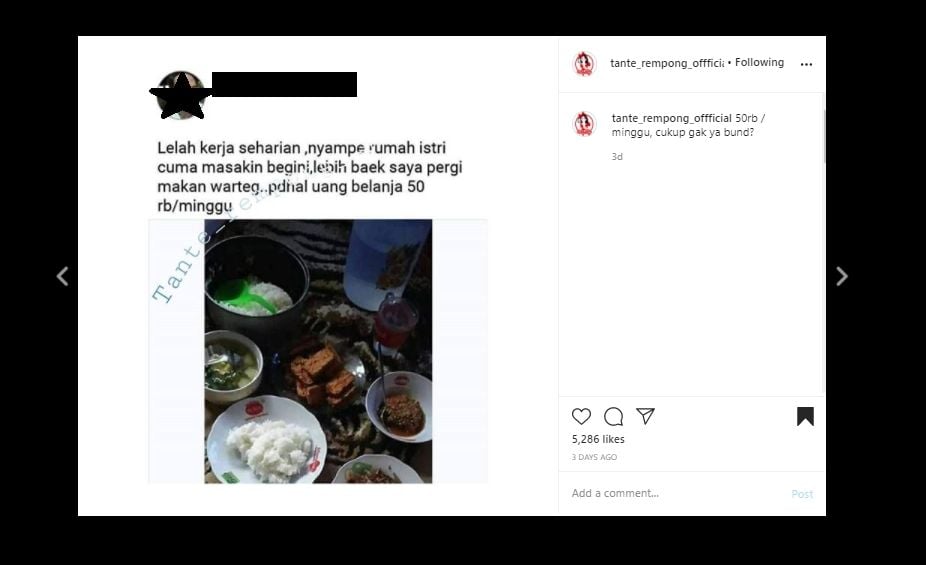 Curhat Kecewa dengan Masakan Istri, Pria Ini Berakhir Dihujat Warganet. (Instagram/@tante_rempong_official). 