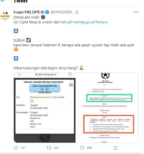 Bidik layar akun Fraksi PKS DPR RI ungkap kejanggalan isi naskah UU Ciptaker. (Twitter)