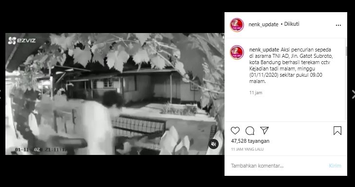 Tangkapan Layar Video Viral Aksi Nekat Pemuda Maling Sepeda di Asrama TNI AD Bandung (Instagram/@nenk_update).