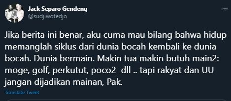 Cuitan Sujiwo Tejo Cibir Istana yang Dirasa Hanya Menjadikan UU Sebagai Mainan (Twitter/Sudjiwotedjo).